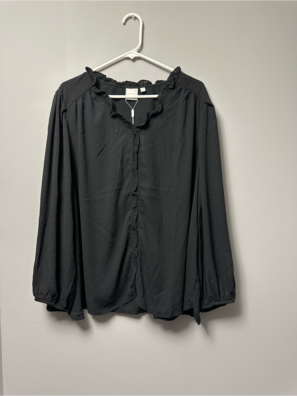 Zac & Rachel Black Ruffle-Trim Button Down Blouse